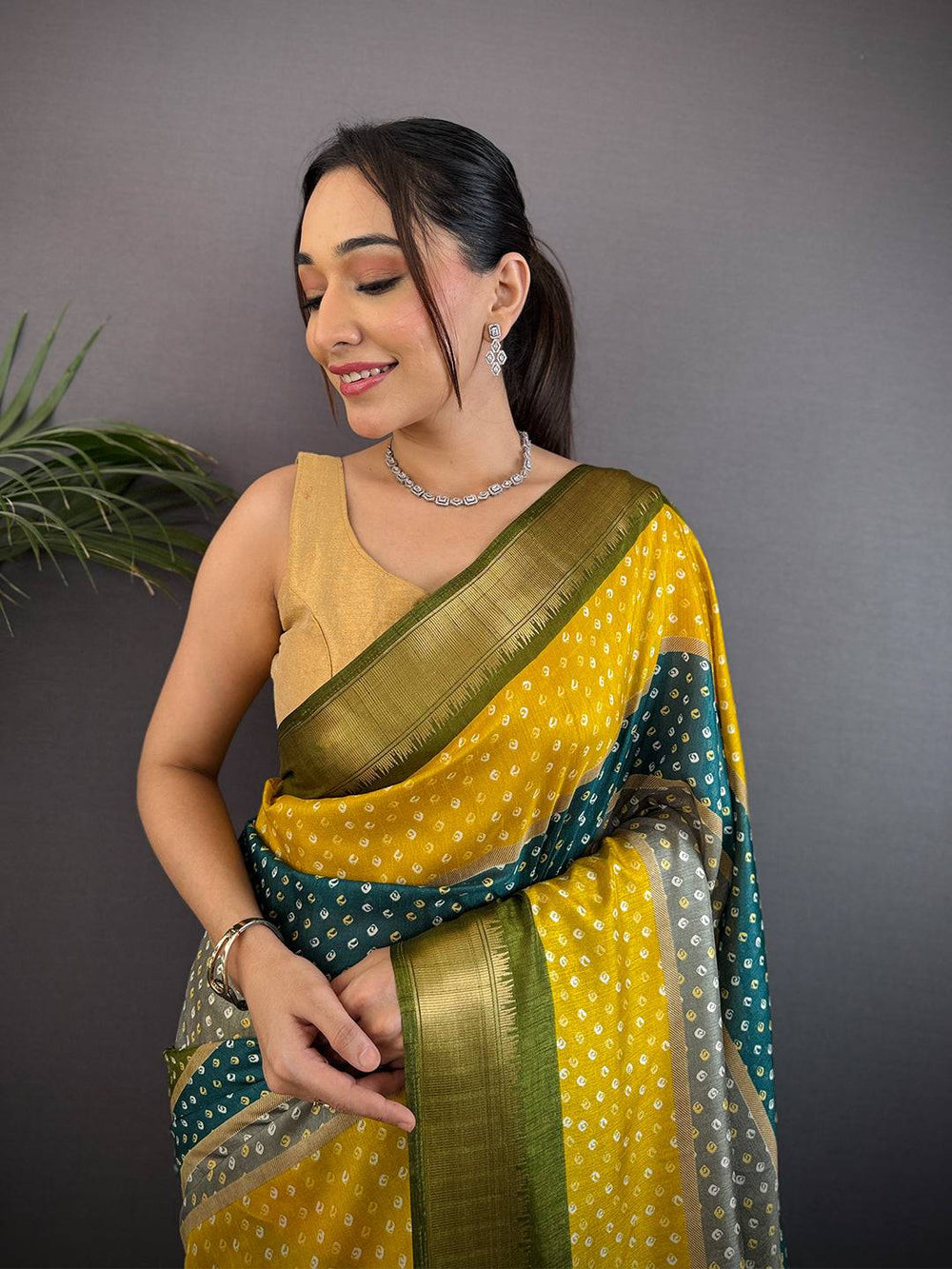 Yellow & Green Bandhani Print Silk Saree with Gold Zari Border