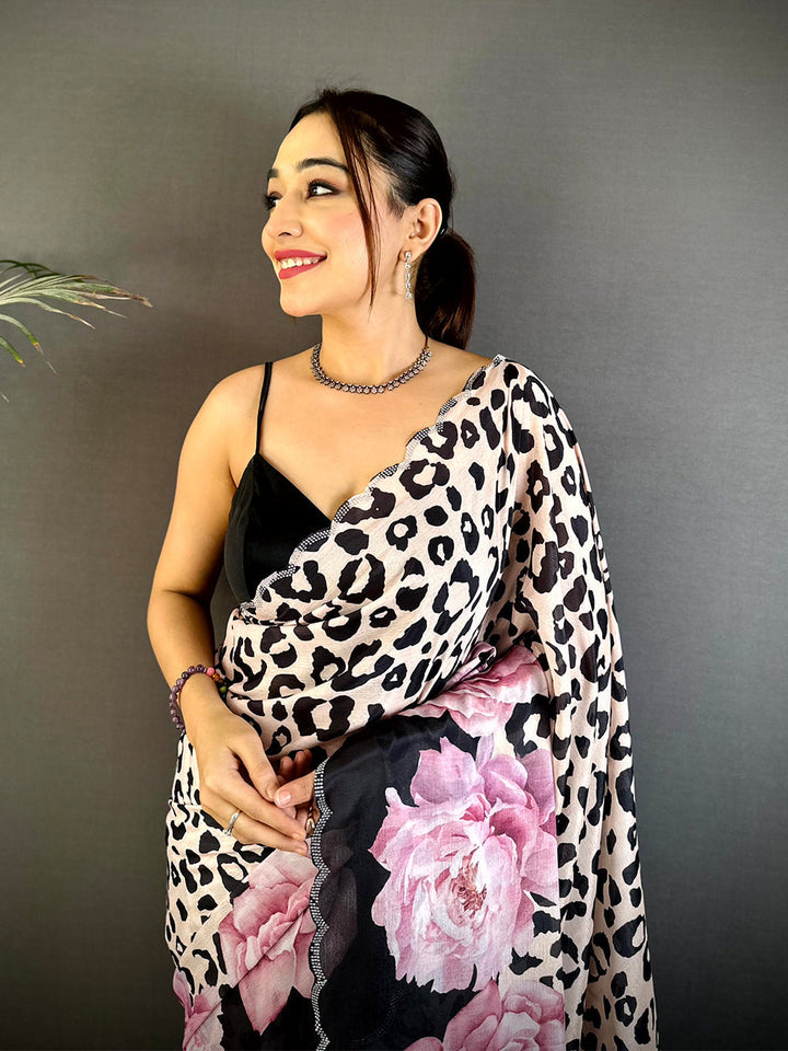 Leopard Print & Pink Floral Soft Georgette Saree with Scallop Border