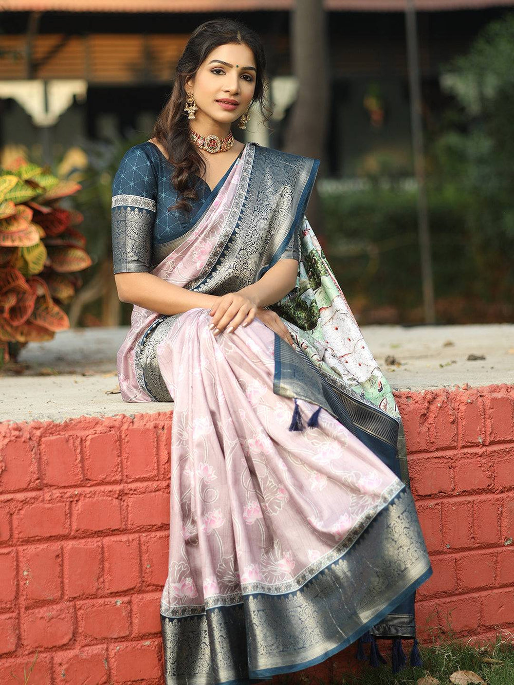 Lavender Floral Banarasi Silk Saree with Navy Blue Zari Border & Tassels
