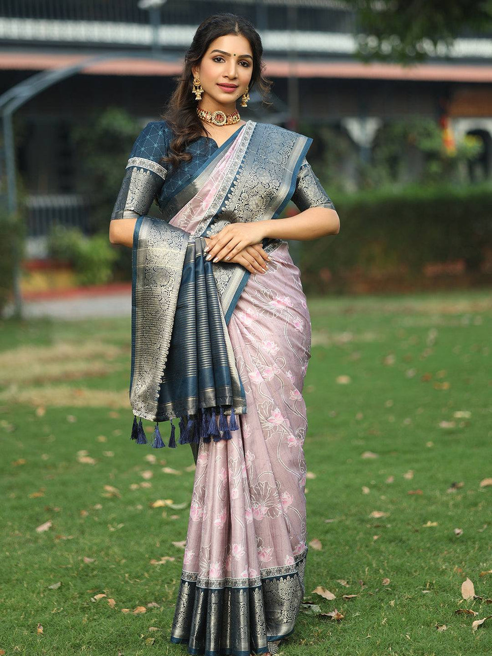 Lavender Floral Banarasi Silk Saree with Navy Blue Zari Border & Tassels