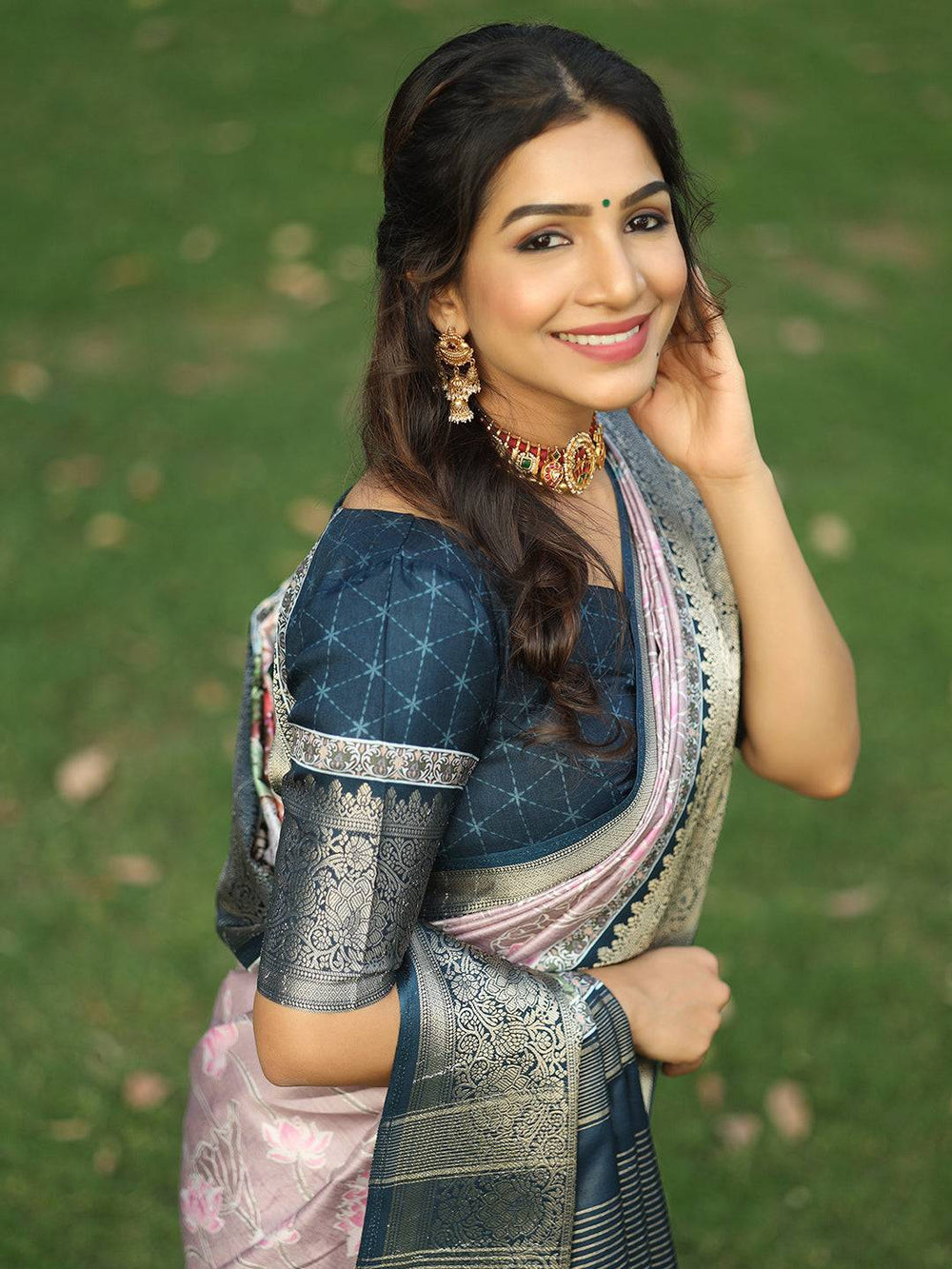 Lavender Floral Banarasi Silk Saree with Navy Blue Zari Border & Tassels