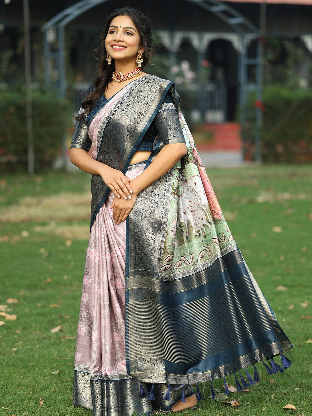 Lavender Floral Banarasi Silk Saree with Navy Blue Zari Border & Tassels