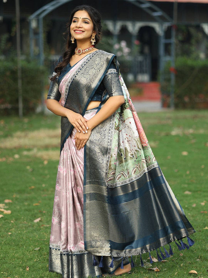 Lavender Floral Banarasi Silk Saree with Navy Blue Zari Border & Tassels