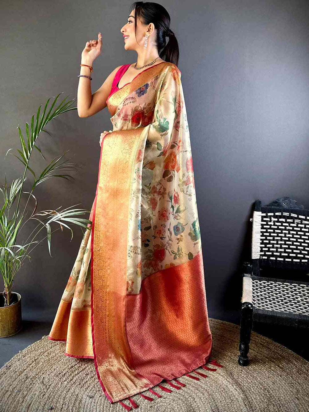 Cream Floral Printed Banarasi Silk Saree with Gold Zari Border & Rust Pallu