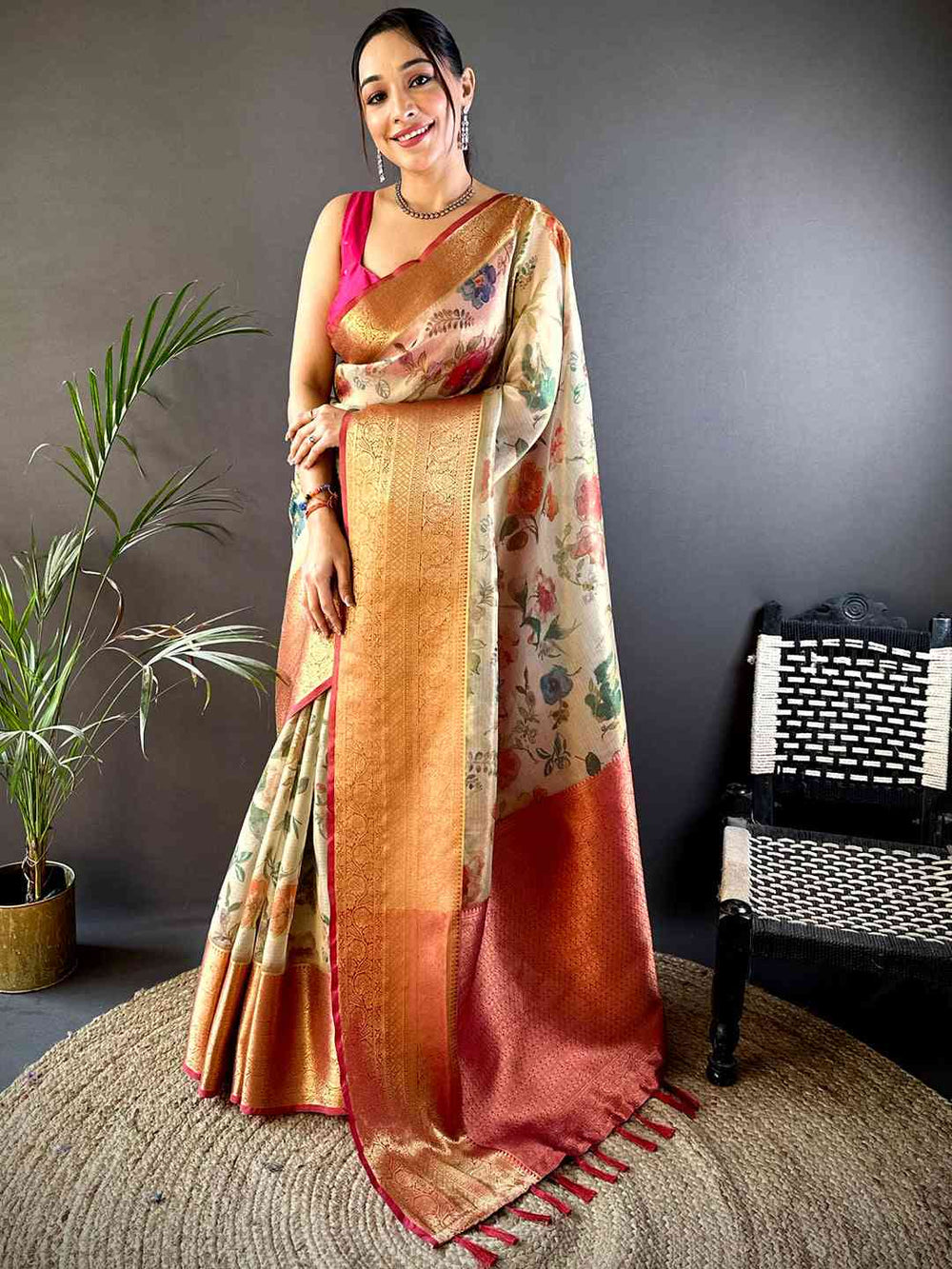 Cream Floral Printed Banarasi Silk Saree with Gold Zari Border & Rust Pallu
