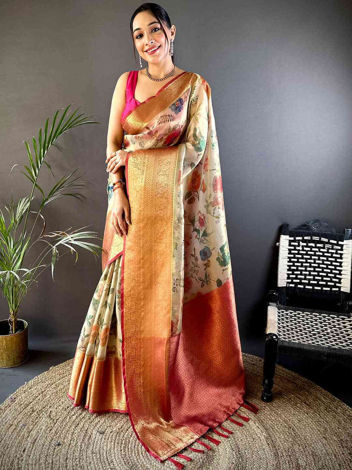 Cream Floral Printed Banarasi Silk Saree with Gold Zari Border & Rust Pallu
