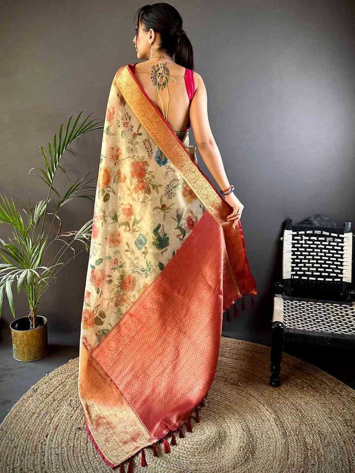 Cream Floral Printed Banarasi Silk Saree with Gold Zari Border & Rust Pallu