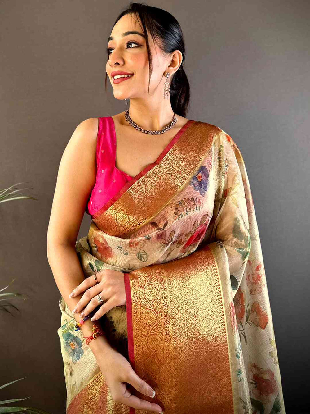 Cream Floral Printed Banarasi Silk Saree with Gold Zari Border & Rust Pallu