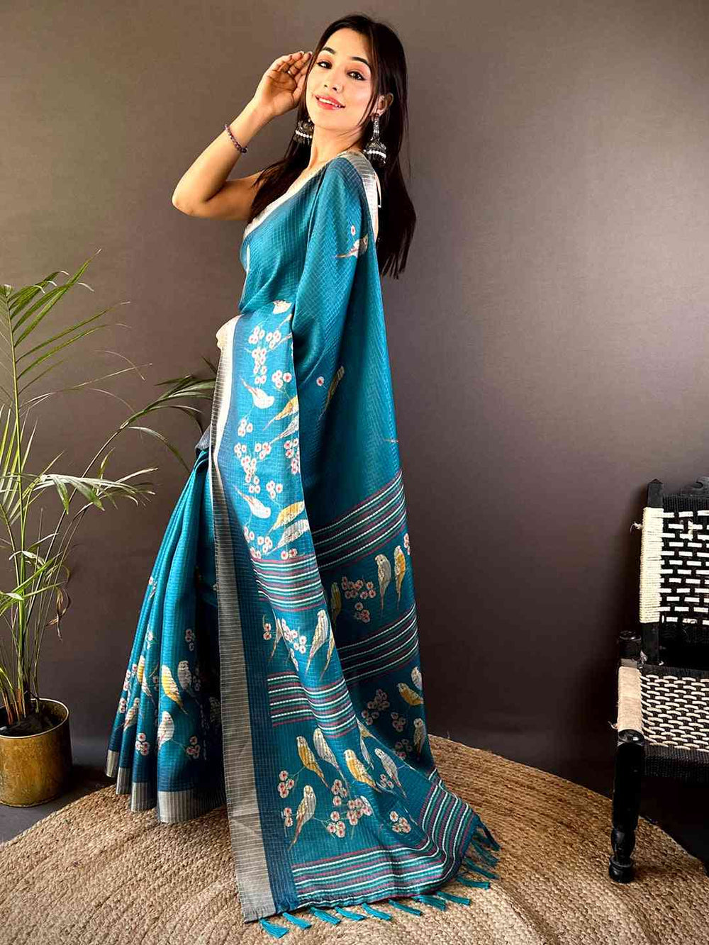 Teal Blue Bird Print Soft Silk Saree with Striped Pallu & Tassels