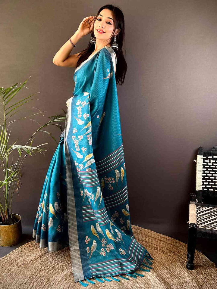 Teal Blue Bird Print Soft Silk Saree with Striped Pallu & Tassels