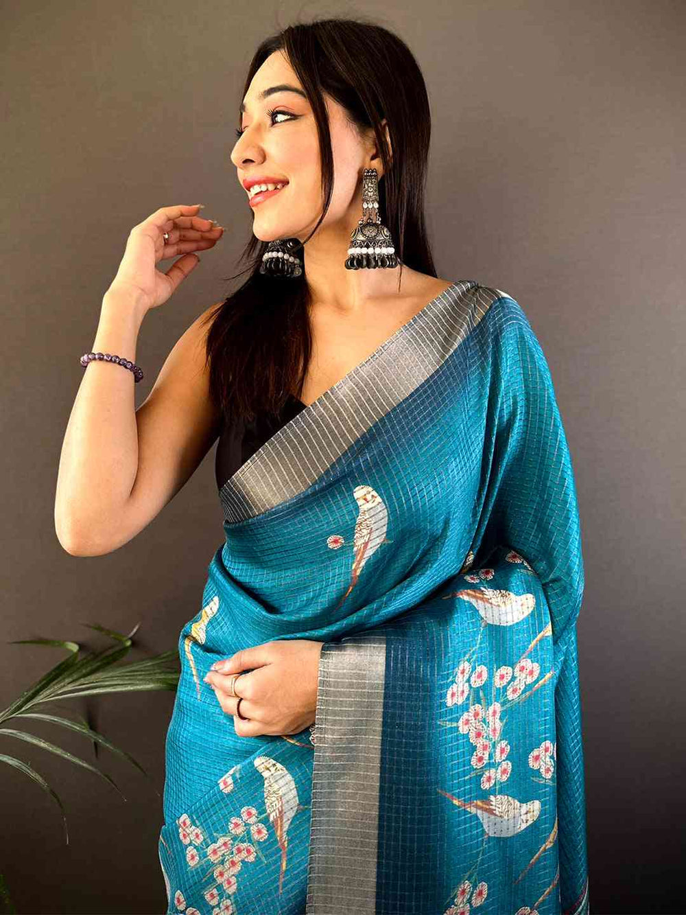 Teal Blue Bird Print Soft Silk Saree with Striped Pallu & Tassels