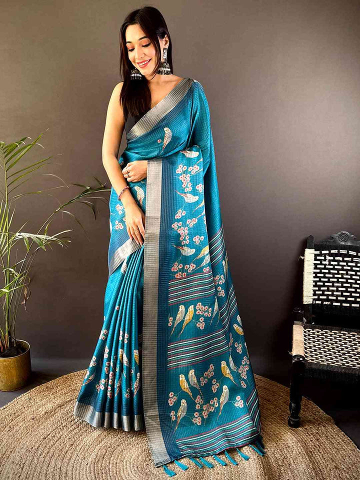 Teal Blue Bird Print Soft Silk Saree with Striped Pallu & Tassels