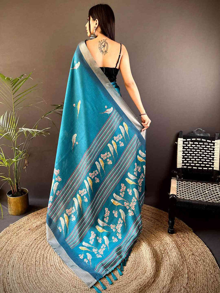 Teal Blue Bird Print Soft Silk Saree with Striped Pallu & Tassels