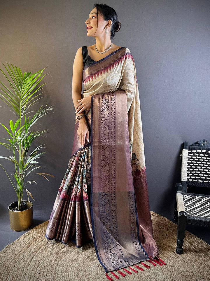 Elegant Beige & Maroon Woven Silk Saree with Intricate Pallu Design