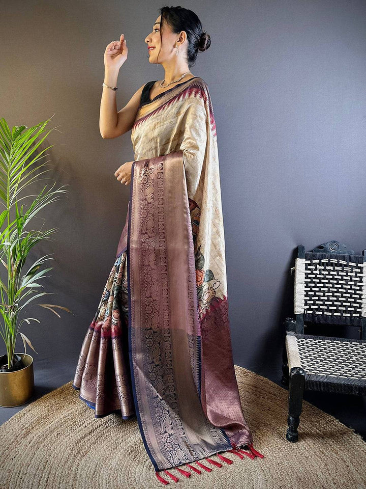 Elegant Beige & Maroon Woven Silk Saree with Intricate Pallu Design