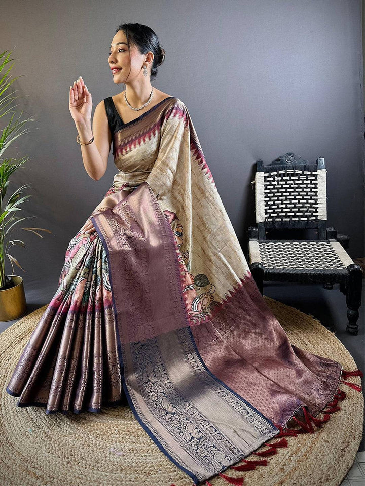 Elegant Beige & Maroon Woven Silk Saree with Intricate Pallu Design