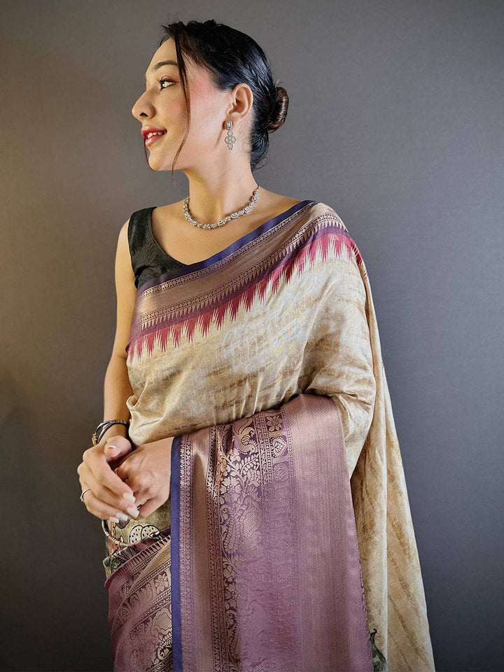 Elegant Beige & Maroon Woven Silk Saree with Intricate Pallu Design