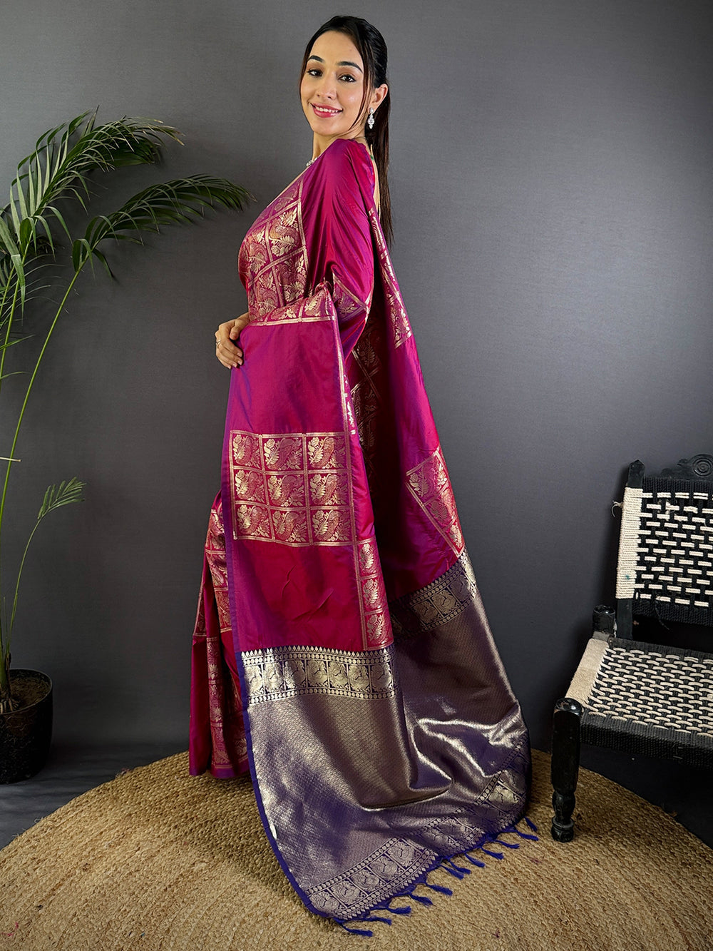 Rani Pink & Purple Banarasi Silk Saree with Golden Zari Weaving & Tassels