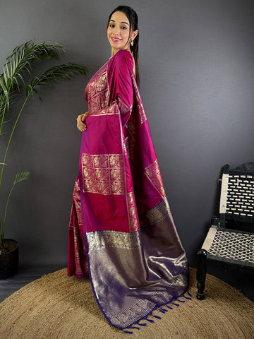 Rani Pink & Purple Banarasi Silk Saree with Golden Zari Weaving & Tassels