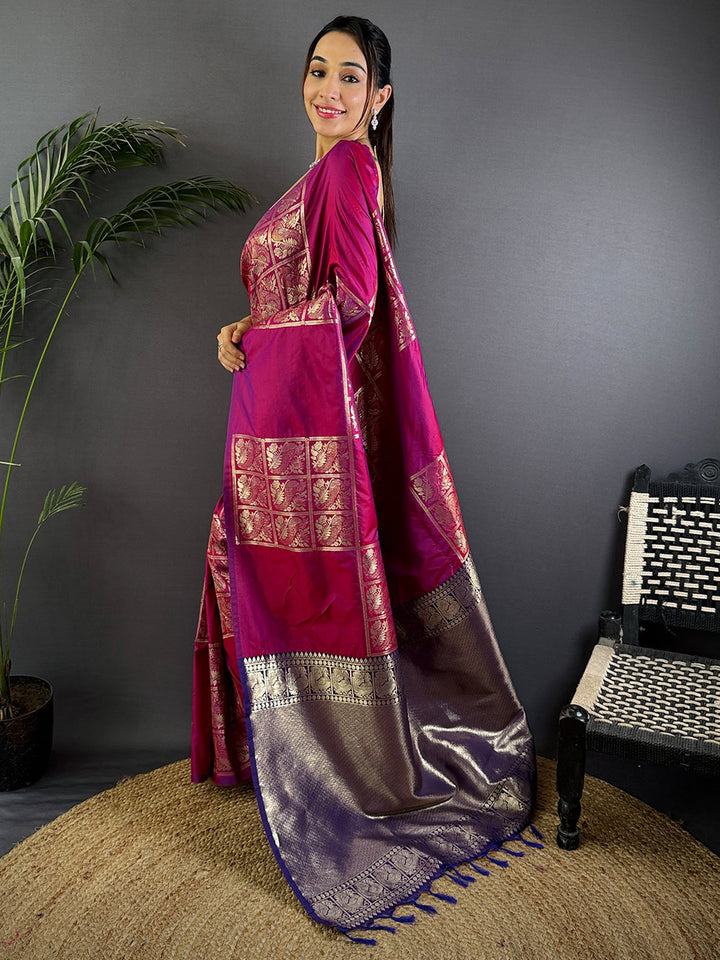 Rani Pink & Purple Banarasi Silk Saree with Golden Zari Weaving & Tassels