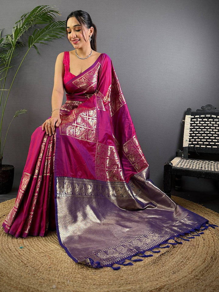 Rani Pink & Purple Banarasi Silk Saree with Golden Zari Weaving & Tassels