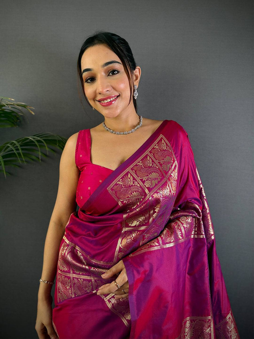 Rani Pink & Purple Banarasi Silk Saree with Golden Zari Weaving & Tassels