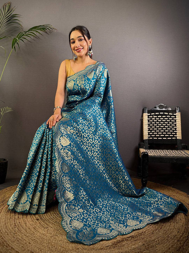 Teal Blue Banarasi Silk Saree with Heavy Golden Zari Weaving & Scallop Border