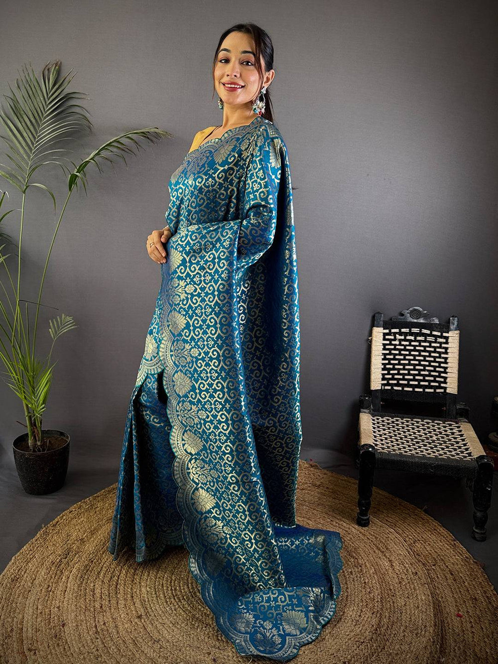 Teal Blue Banarasi Silk Saree with Heavy Golden Zari Weaving & Scallop Border