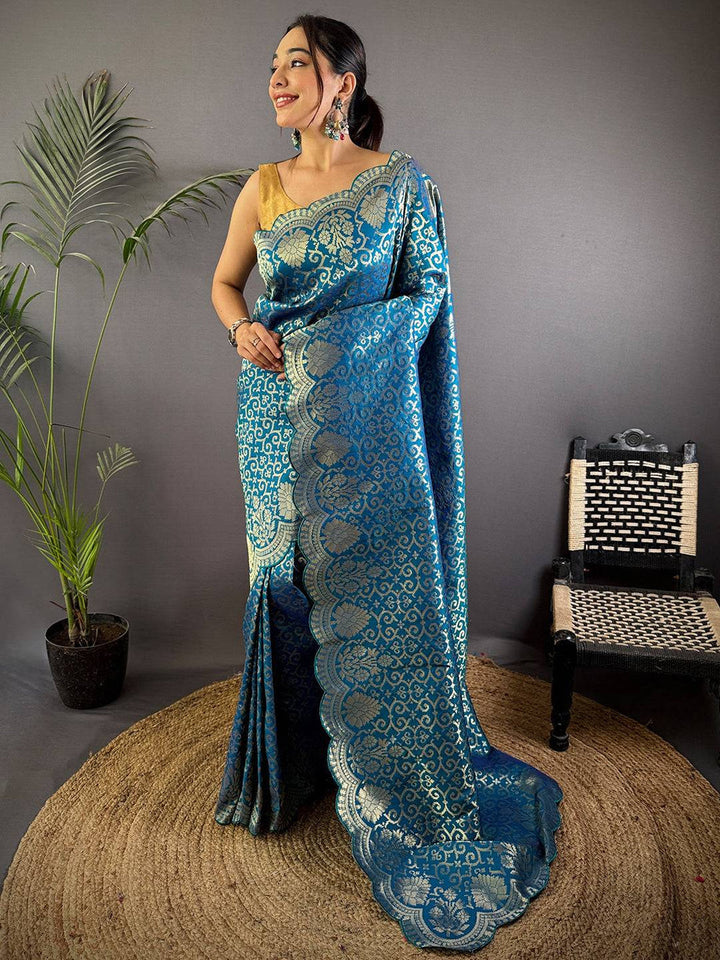 Teal Blue Banarasi Silk Saree with Heavy Golden Zari Weaving & Scallop Border