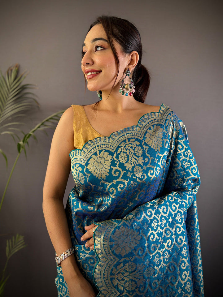 Teal Blue Banarasi Silk Saree with Heavy Golden Zari Weaving & Scallop Border