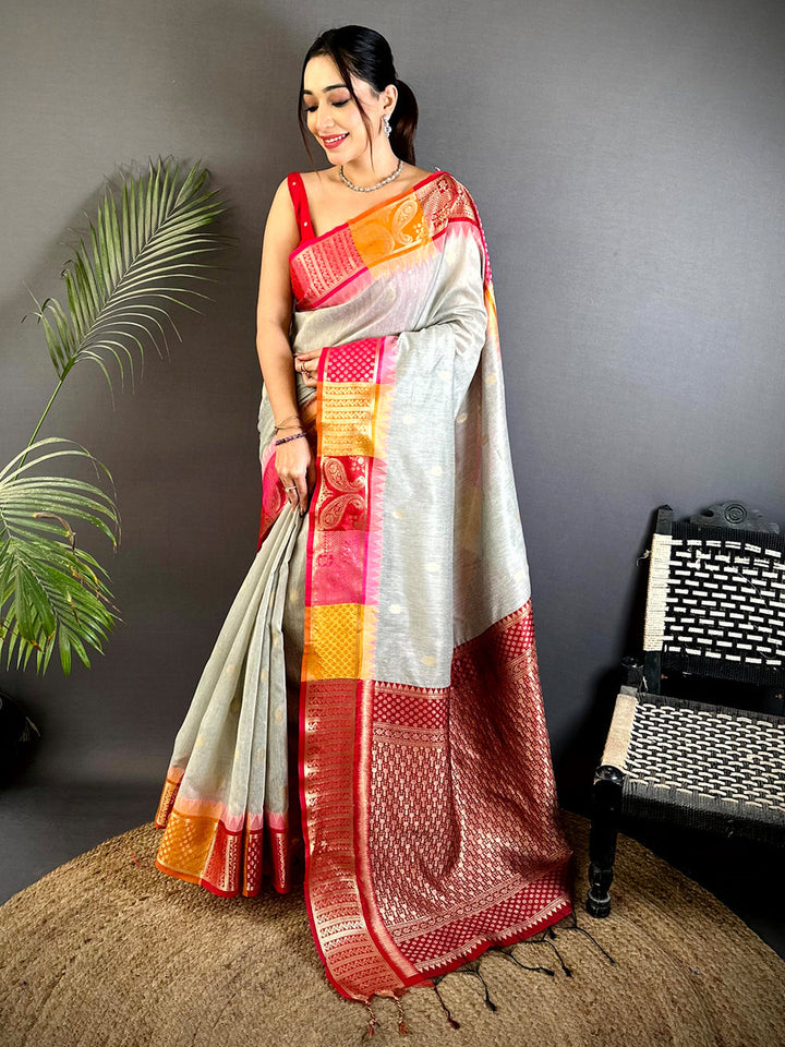 Grey Soft Silk Saree with Multicolor Patchwork Border & Rich Red Zari Pallu