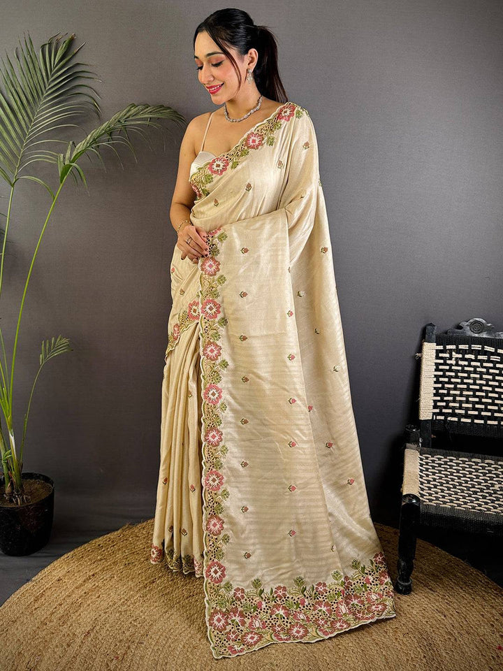Premium Cream Embroidered Silk Saree with Floral Border