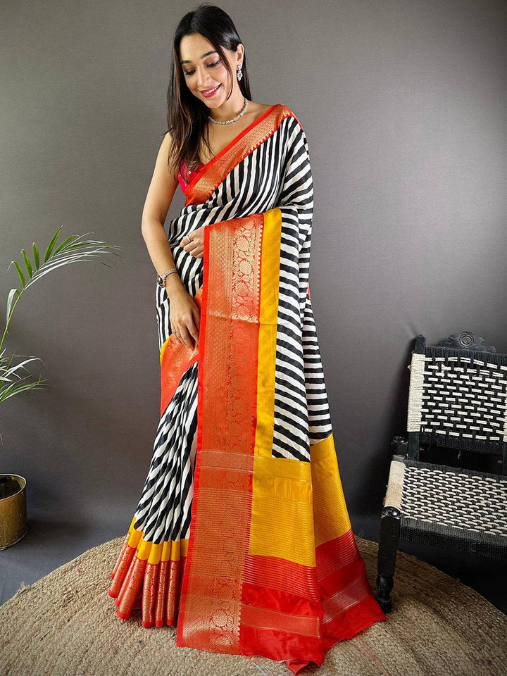 Black & White Striped Banarasi Silk Saree with Yellow-Orange Zari Border