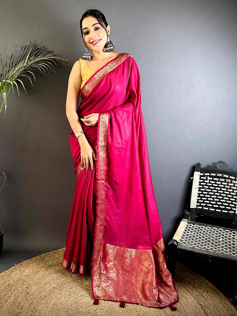 Rani Pink Silk Saree with Gold Zari Border & Pallu