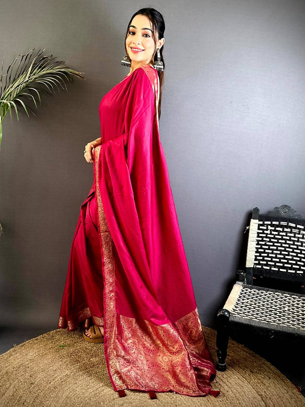 Rani Pink Silk Saree with Gold Zari Border & Pallu