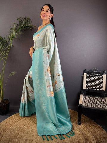 Mint Blue Soft Silk Saree with Subtle Floral Print & Zari Border
