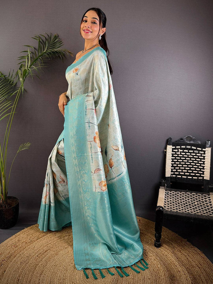 Mint Blue Soft Silk Saree with Subtle Floral Print & Zari Border