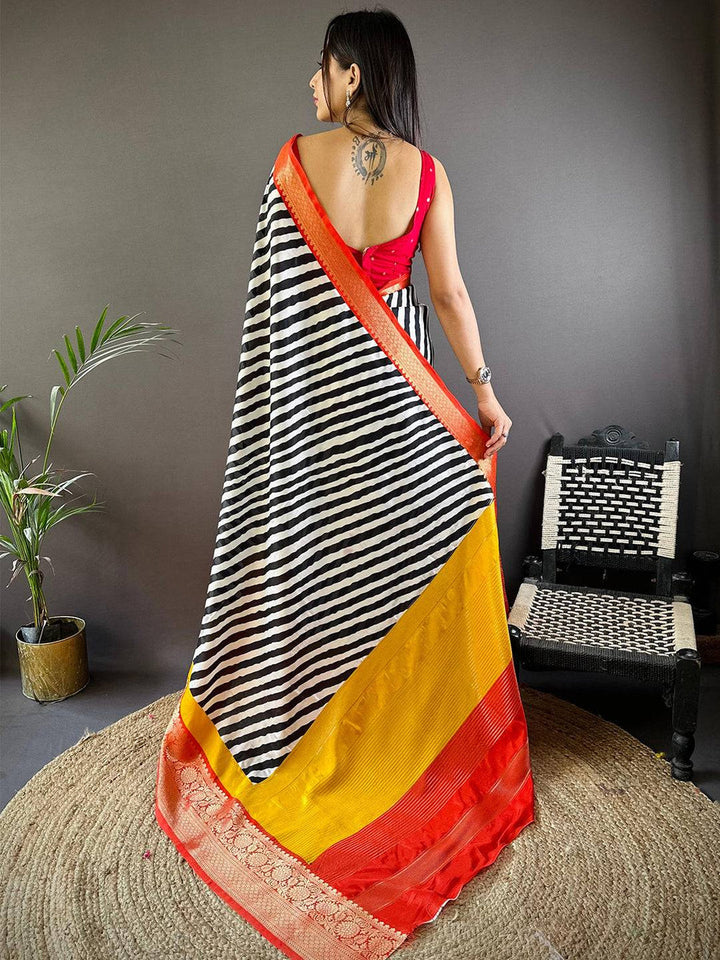 Black & White Striped Banarasi Silk Saree with Yellow-Orange Zari Border