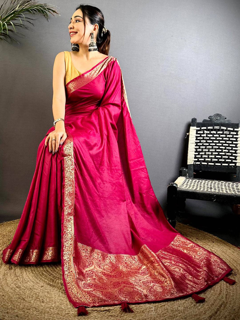 Rani Pink Silk Saree with Gold Zari Border & Pallu