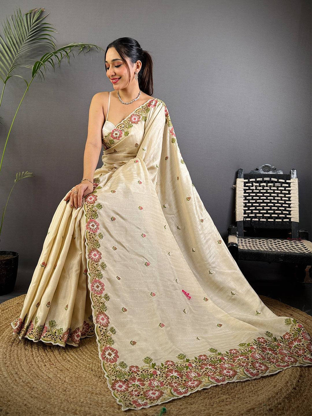 Premium Cream Embroidered Silk Saree with Floral Border