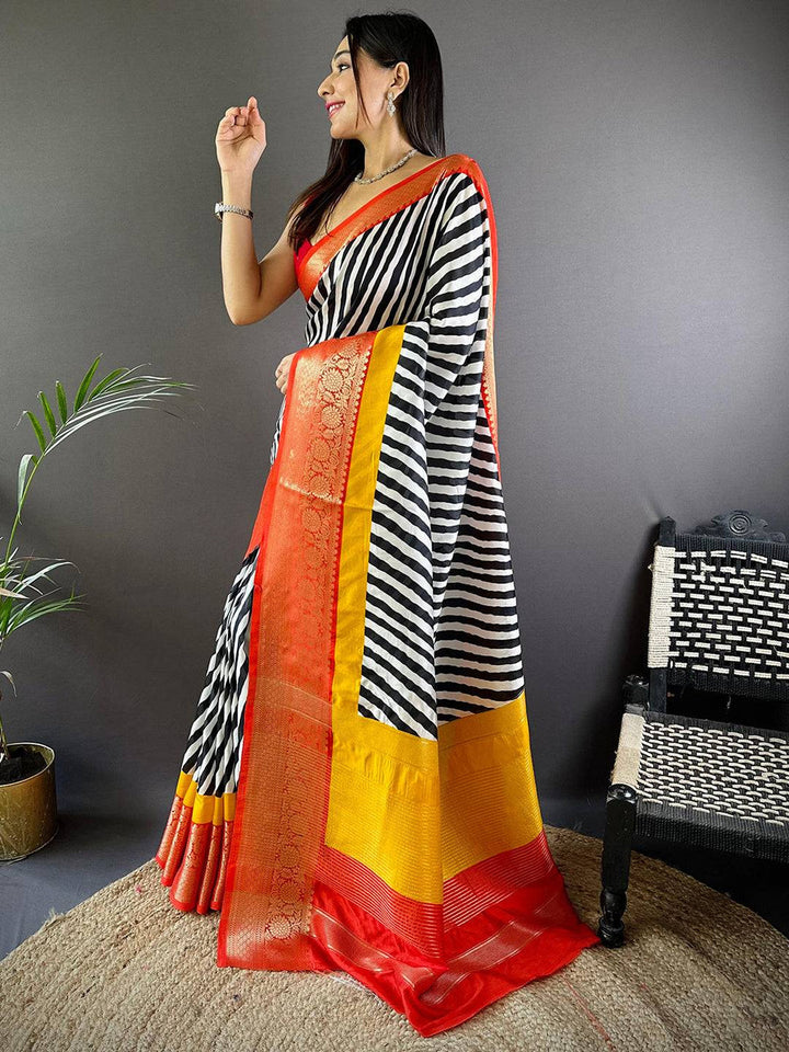 Black & White Striped Banarasi Silk Saree with Yellow-Orange Zari Border