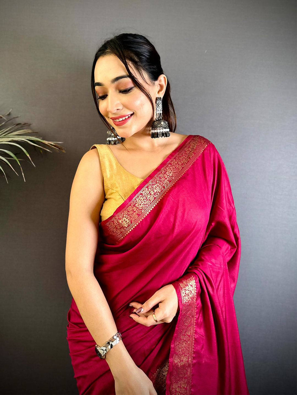 Rani Pink Silk Saree with Gold Zari Border & Pallu