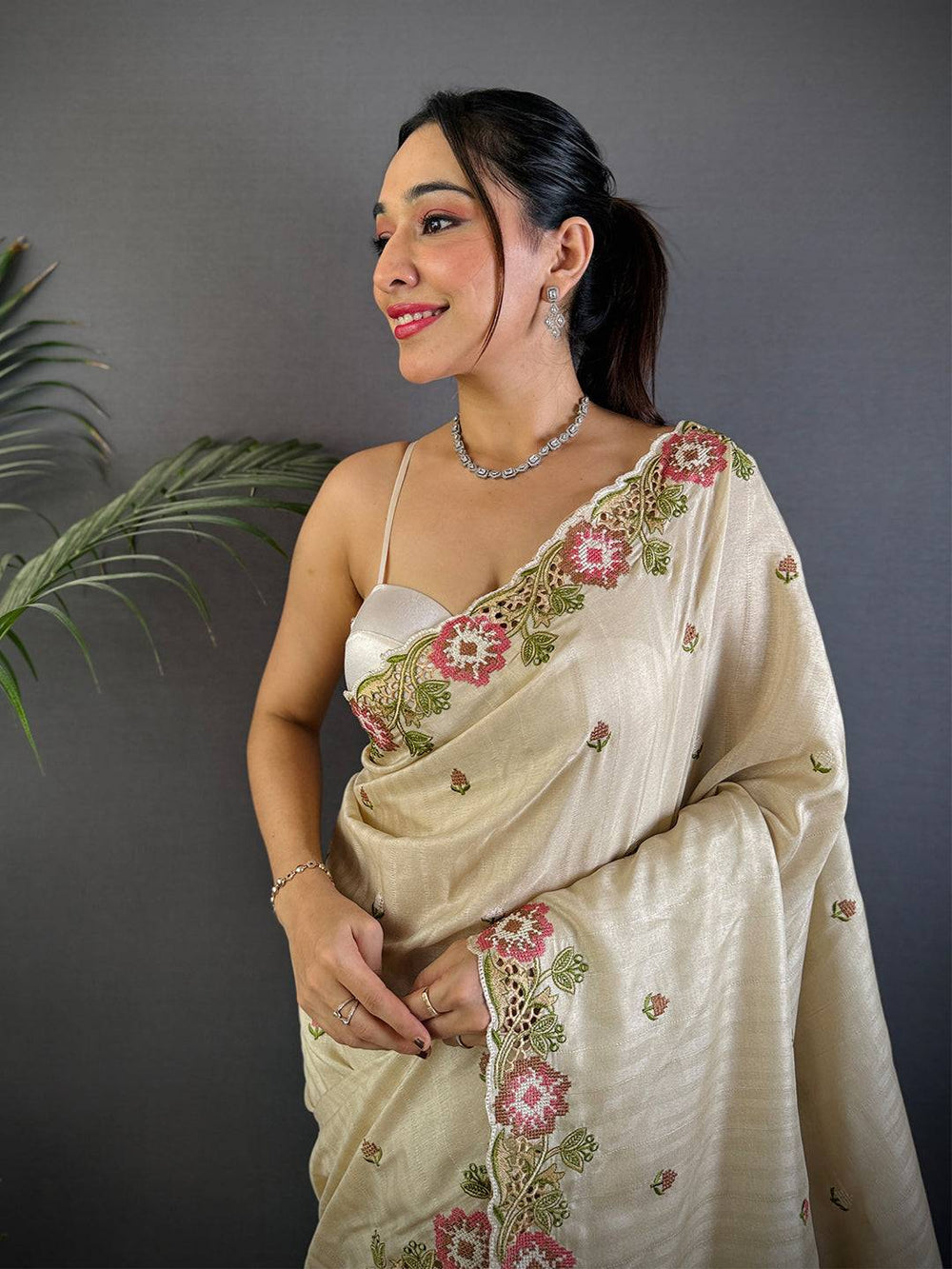 Premium Cream Embroidered Silk Saree with Floral Border