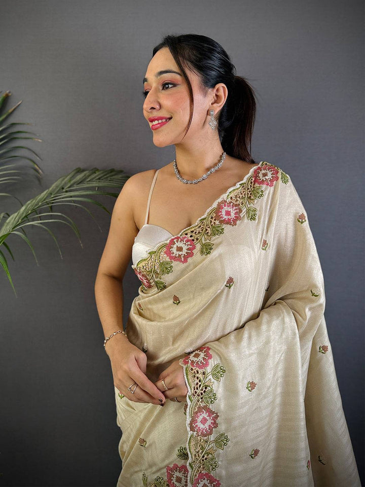Premium Cream Embroidered Silk Saree with Floral Border