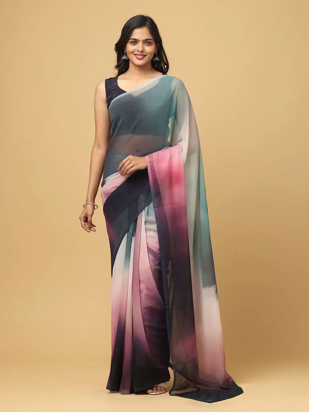 Multicolor Ombre Georgette Saree with Abstract Print