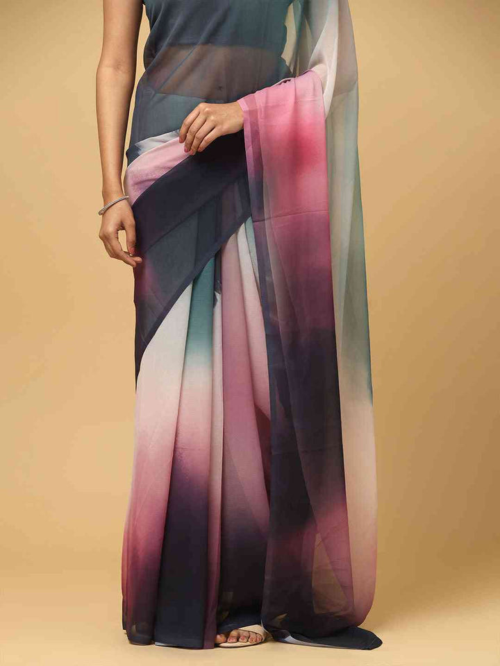 Multicolor Ombre Georgette Saree with Abstract Print
