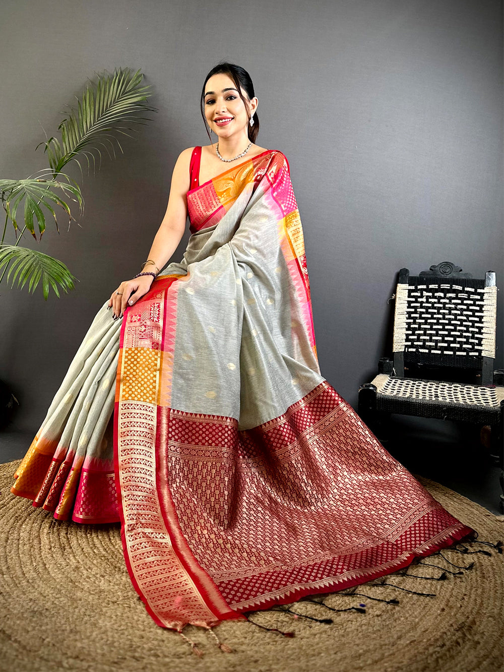 Grey Soft Silk Saree with Multicolor Patchwork Border & Rich Red Zari Pallu