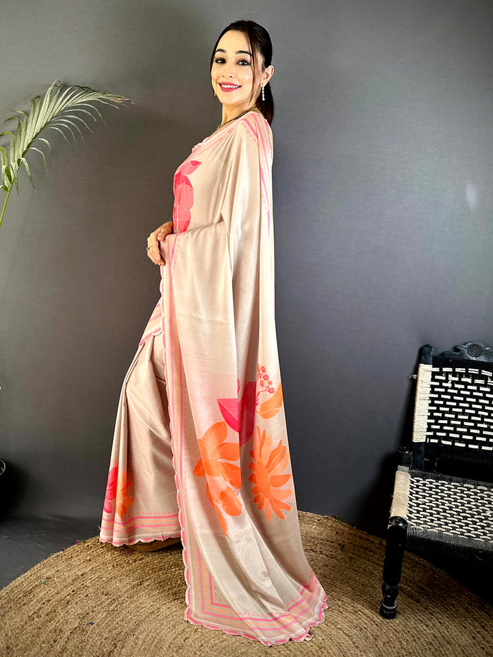 Beige Soft Silk Saree with Pink & Orange Floral Print and Designer Border