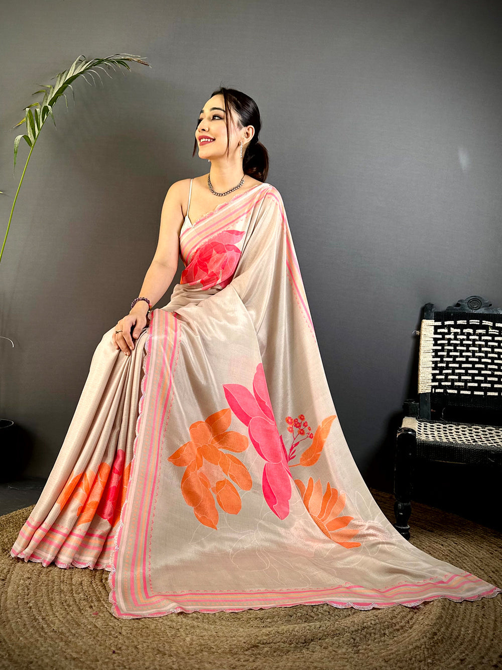 Beige Soft Silk Saree with Pink & Orange Floral Print and Designer Border