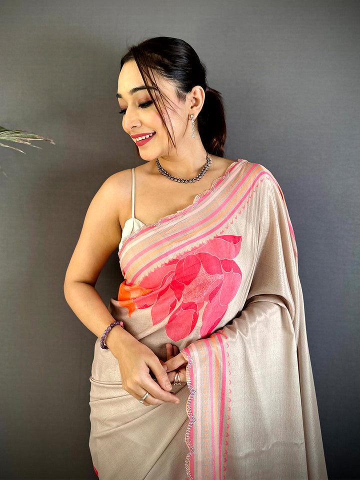 Beige Soft Silk Saree with Pink & Orange Floral Print and Designer Border